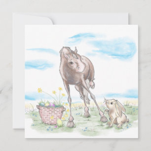 Osterkarte mit Pferd und Osterhase, süsse Tiere  Feiertagskarte