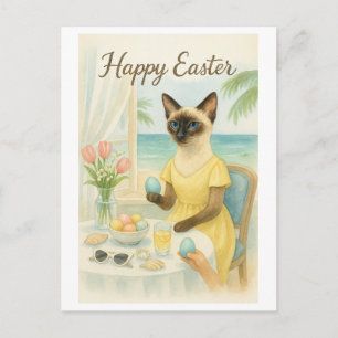 Osterkatze im Zitronenkleid mit Eiern Feiertagspostkarte