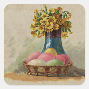 Osterkorb Eier Blumen Antik Quadratischer Aufkleber