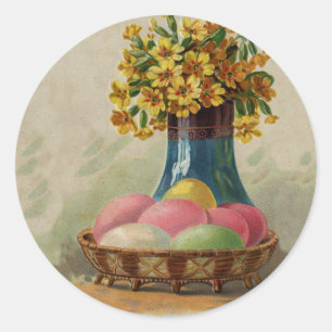 Osterkorb Eier Blumen Antik Runder Aufkleber