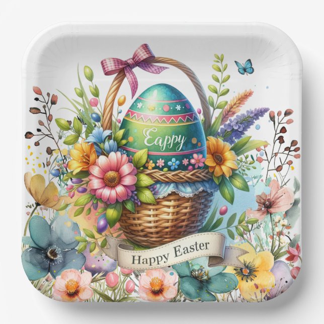 Osterkorb Eier & Frühlingsblumen Pappteller (Vorderseite)