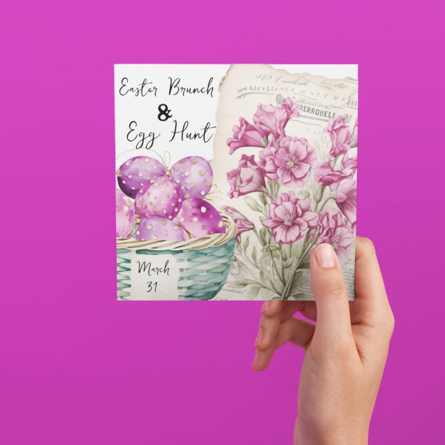 Osterkorb mit Eiern und östlichen Blume Einladung (Cute polka dotted Easter Eggs and Easter flowers on Brunch and Egg Hunt customizable invitation)