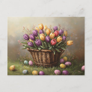 Osterkorb mit Tulpen und Eiern Postkarte