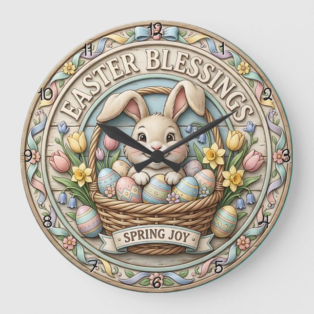 Osterkörbchen mit Ostergrüßen und Frühlingsfreude Große Wanduhr (Vorderseite)
