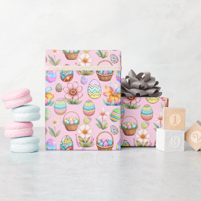 Osterkörbe und Eiermuster - weichrosa Geschenkpapier (Babyparty)