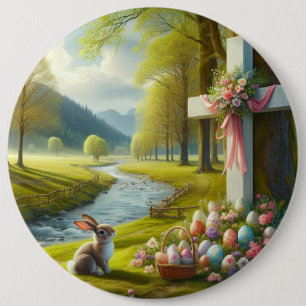 Osterkreuz mit Hasen und Eiern Button