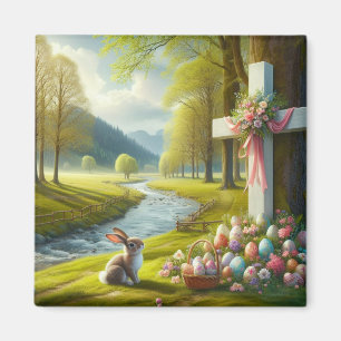 Osterkreuz mit Hasen und Eiern Magnet