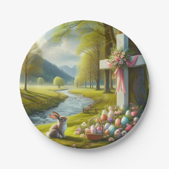 Osterkreuz mit Hasen und Eiern Pappteller (Vorderseite)