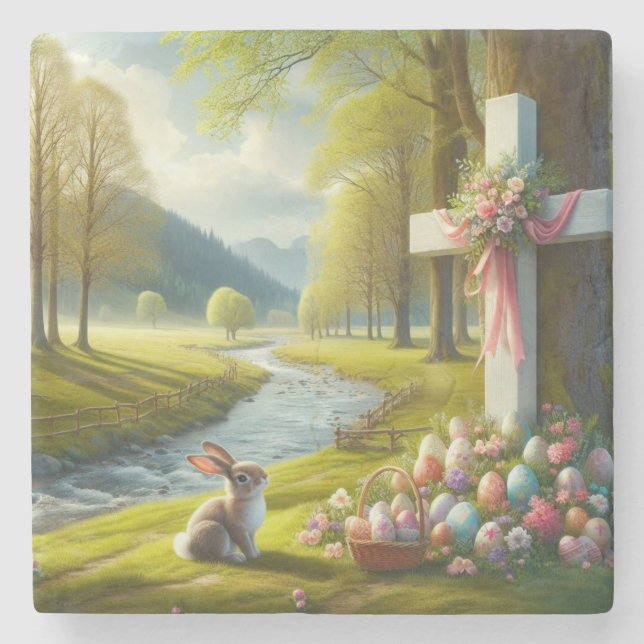 Osterkreuz mit Hasen und Eiern Steinuntersetzer (Vorderseite)