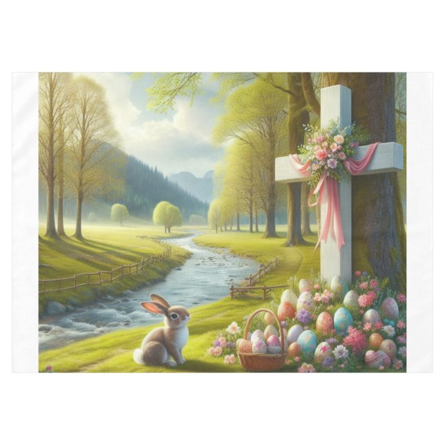 Osterkreuz mit Hasen und Eiern Tischdecke (Vorderseite (Horizontal))