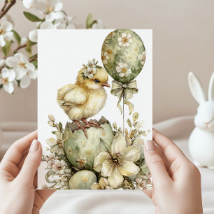 Osterküken Frühlingsblumen Aquarell Sagegrün Feiertagskarte