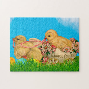 Osterküken im Vintage-Stil mit blauem Himmel und O Puzzle