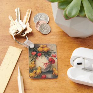 Osterküken im Vintage-Stil mit roten Tulpenblumen Schlüsselanhänger