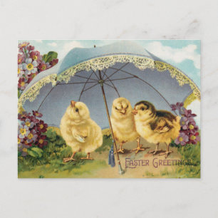 Osterküken im Vintage-Stil unter einem Regenschirm Postkarte
