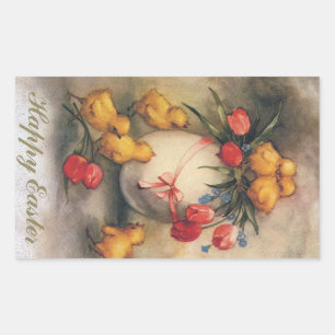 Osterküken mit roten Tulpenblumen im Vintage-Stil Rechteckiger Aufkleber
