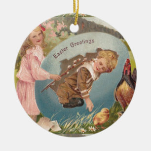 Osterliche viktorianische Mädchen und Junge Keramikornament