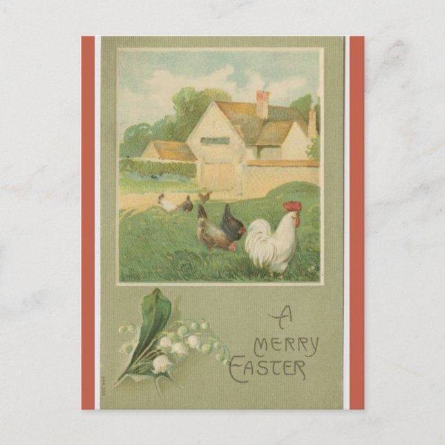 Osterliche Vintage-Farm mit Hühnern Postkarte (Vorderseite)
