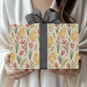 Osterliche Vintage-Gelbe Küken mit roten Tulpen Geschenkpapier