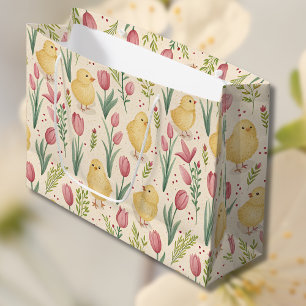 Osterliche Vintage-Gelbe Küken mit roten Tulpen Große Geschenktüte