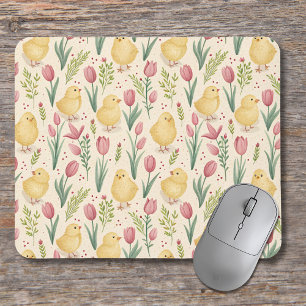 Osterliche Vintage-Gelbe Küken mit roten Tulpen Mousepad