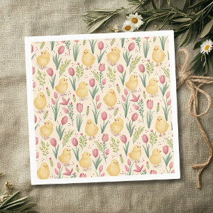 Osterliche Vintage-Gelbe Küken mit roten Tulpen Serviette