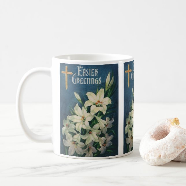 Osterlilien-Blume, Vintager religiöser Ostern Kaffeetasse (Mit Donut)