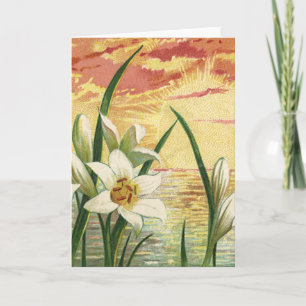Osterlilien im Sonnenaufgang und viktorianische En Feiertagskarte