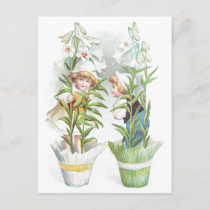 Osterlilien und Kinder Vintage Feiertagspostkarte