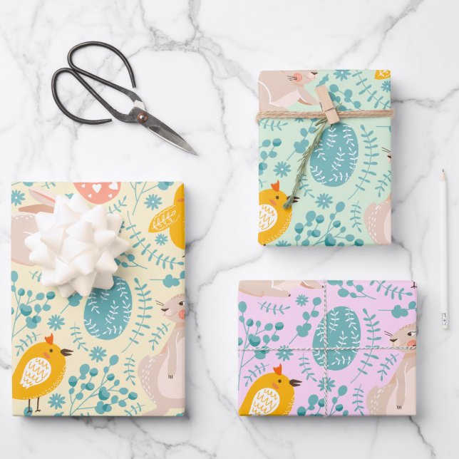 Ostermuster mit Eiern, Hasen, Küken, Blume Geschenkpapier Set (Vorderseite)