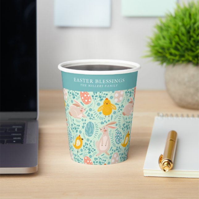 Ostermuster mit Eiern, Hasen, Küken, Blume Pappbecher (InSitu)