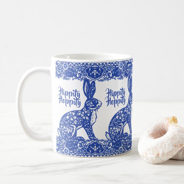 Ostern Blau Willow Rabbit Bunny Chinoiserie Hübsch Kaffeetasse (Mit Donut)