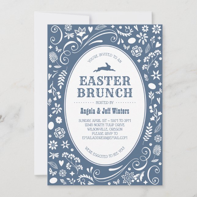 Ostern-Brunch in Denim-blauem Blumen Einladung (Vorderseite)
