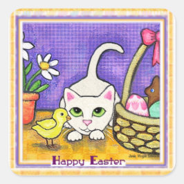Ostern Grußsticker für Niedliche Katze und Kätzche Quadratischer Aufkleber