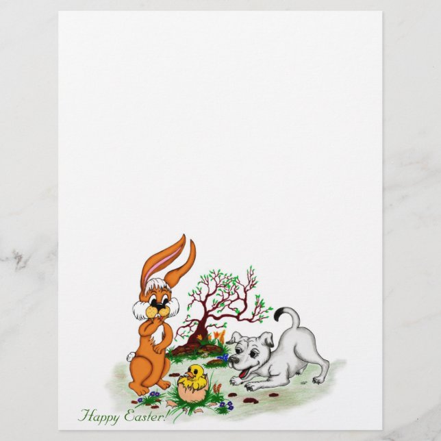 Ostern - Hündchen Kapuzinerkolben und Küken Briefbogen (Vorderseite)