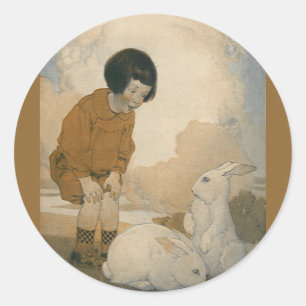 Ostern im Vintage-Stil, Kind spielt mit weißen Has Runder Aufkleber