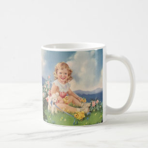 Ostern im Vintage-Stil, Mädchen mit Küken und Lamm Kaffeetasse
