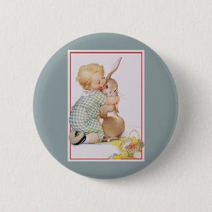 Ostern im Vintage-Stil, süßer Junge mit Kaninchen Button