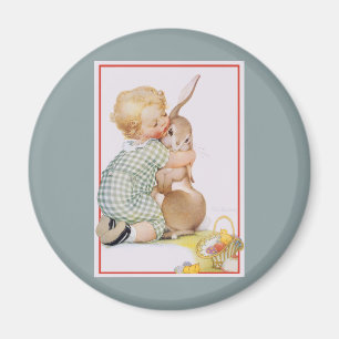 Ostern im Vintage-Stil, süßer Junge mit Kaninchen Magnet