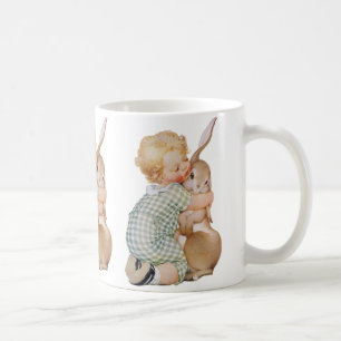 Ostern im Vintage-Stil, süßer Junge mit Kaninchen Tasse