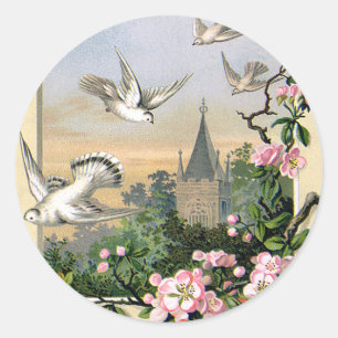 Ostern im Vintage-Stil, weiße Tauben, Vögel und Bl Runder Aufkleber