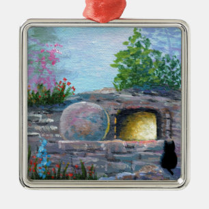 Ostern-Katzen-christliche Kunst-leeres Grab Silbernes Ornament