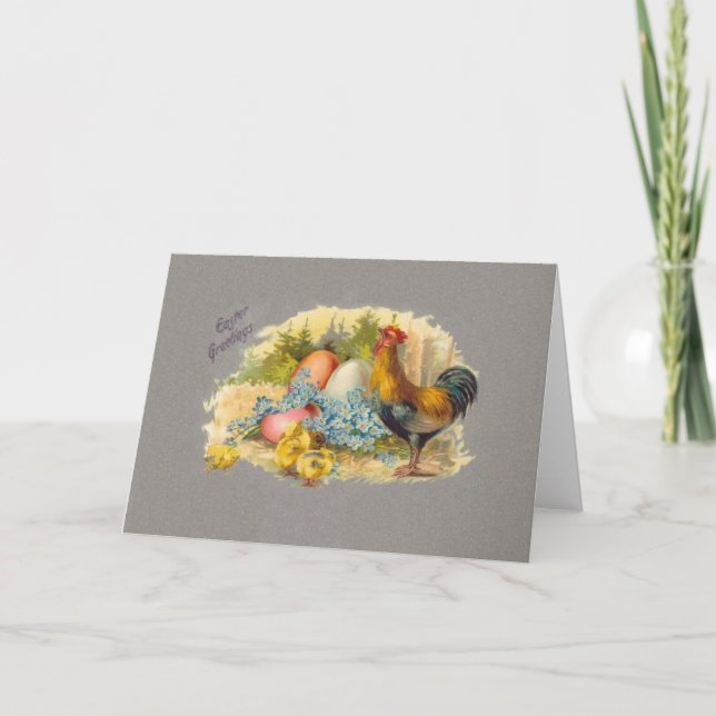 Ostern - Küken, Eier & Rooster - Antiquitätenkarte Feiertagskarte (Vorderseite)