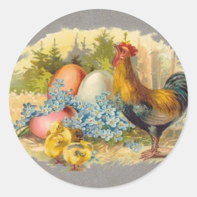 Ostern - Küken, Eier & Rooster - Antiquitätenkarte Runder Aufkleber (Vorderseite)