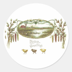 Ostern - Küken & Teich Kunsthandwerk Postkarte Runder Aufkleber