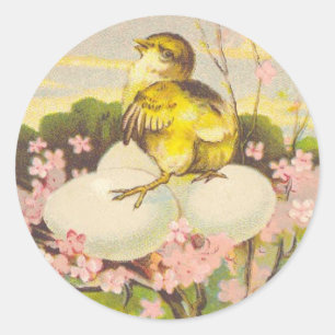 Ostern - Küken und Eier auf einem Baum - Antike Po Runder Aufkleber
