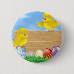 Ostern-Küken und hölzernes Zeichen Button
