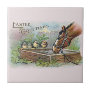 Ostern mit Pferd und Küken Vintage Fliese
