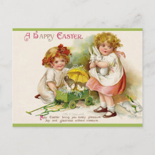 Ostern mit zwei Mädchen mit Hasen und Küken Postkarte