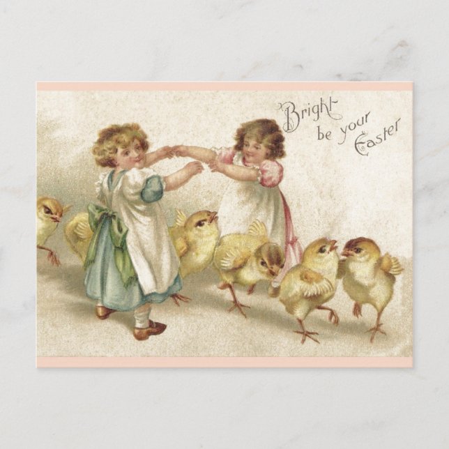 Ostern - Niedliche Girls mit Vintager Postkarte (Vorderseite)