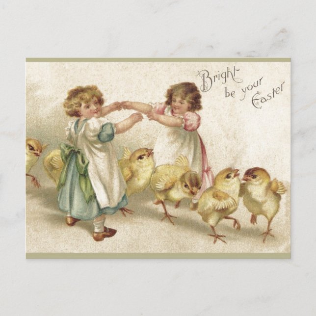 Ostern - Niedliche Girls mit Vintager Postkarte (Vorderseite)